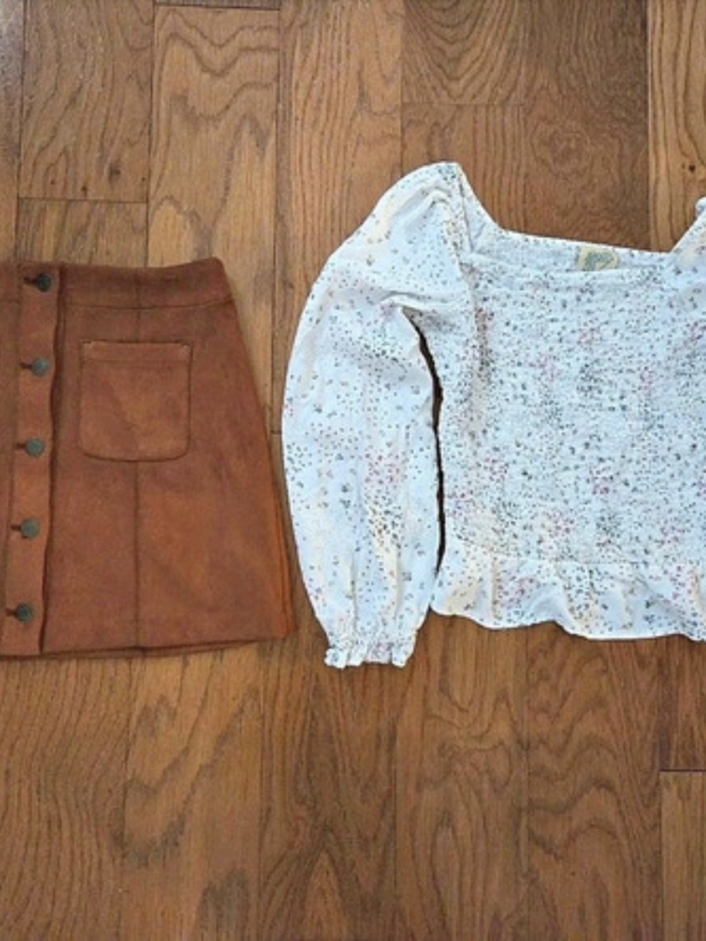 Floral Long Sleeve Blouse & Brown Suede Skirt Size 14